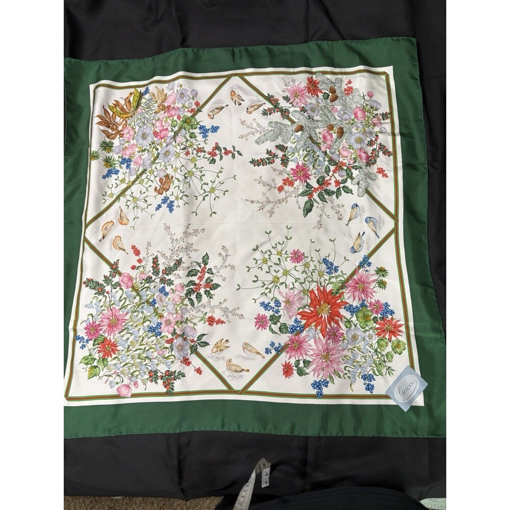 Vintage Gucci 1990’s Silk Scarf, Vibrant Floral Bird Motif, 34”, Made In Italy